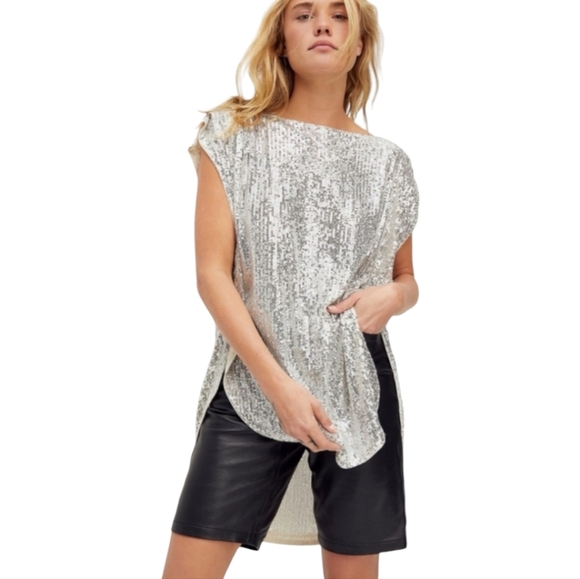 Free People Shine Time Live Silver Sequin High Low Cap Sleeve Tunic Size XS - Picture 1 of 11